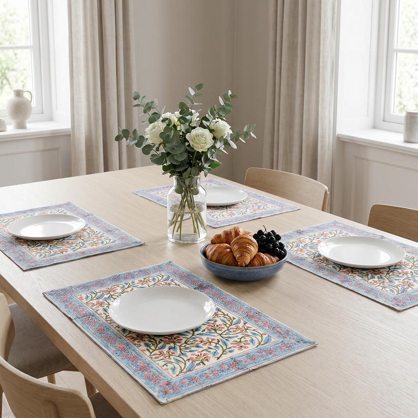 Hand Block Printed Cotton Canvas Table Mat 32x48 cms Set of 2 Table mats Berry Pink 106128
