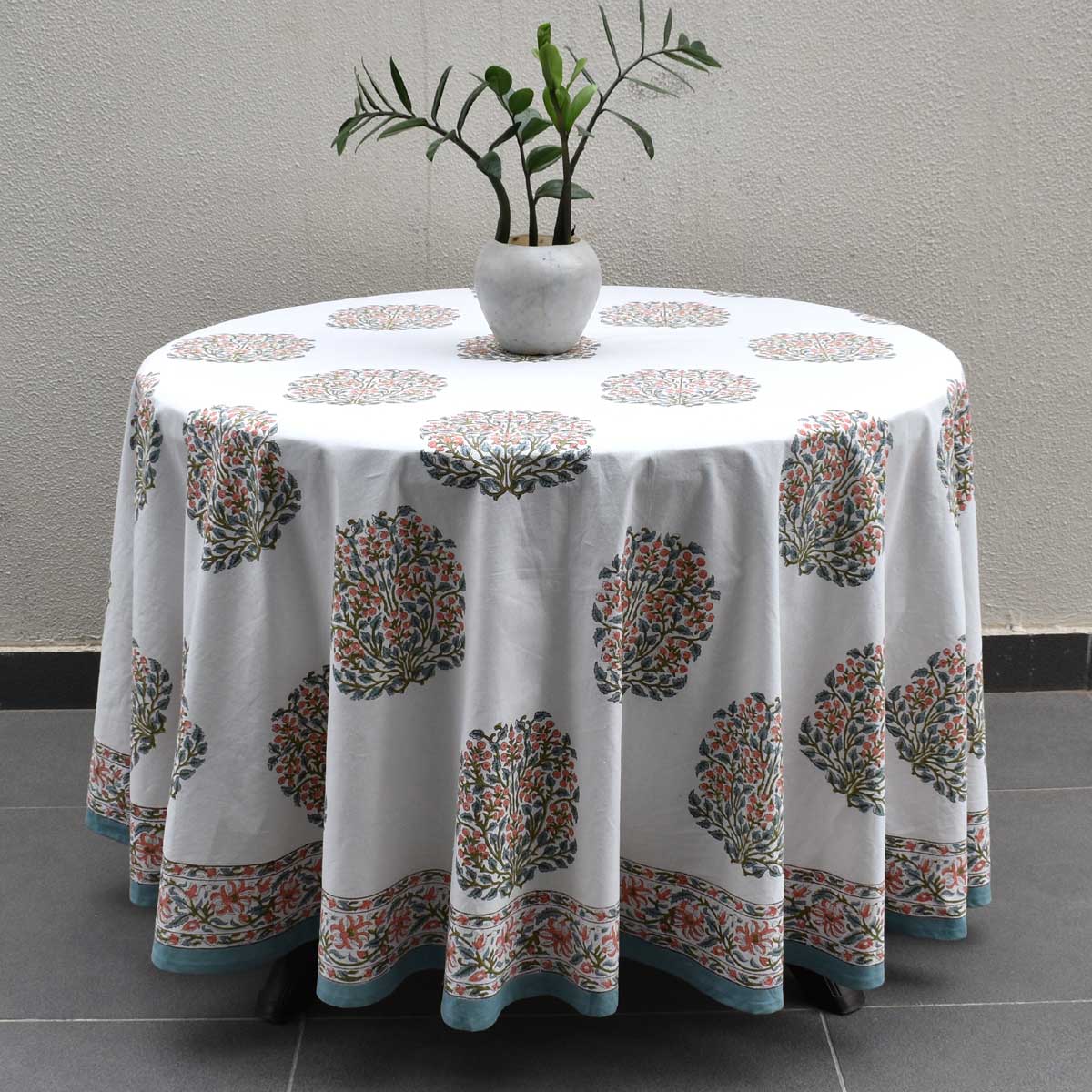Hand Block Printed Cotton Round Tablecloth 220 cms Berry Pink Boota 106129