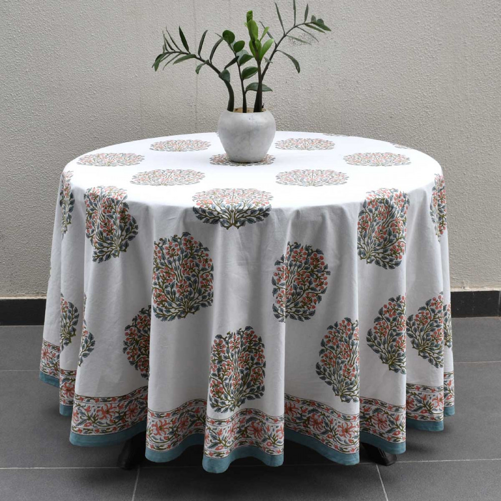 Image of Hand Block Printed Cotton Round Tablecloth 220 cms| Berry Pink Boota 106129