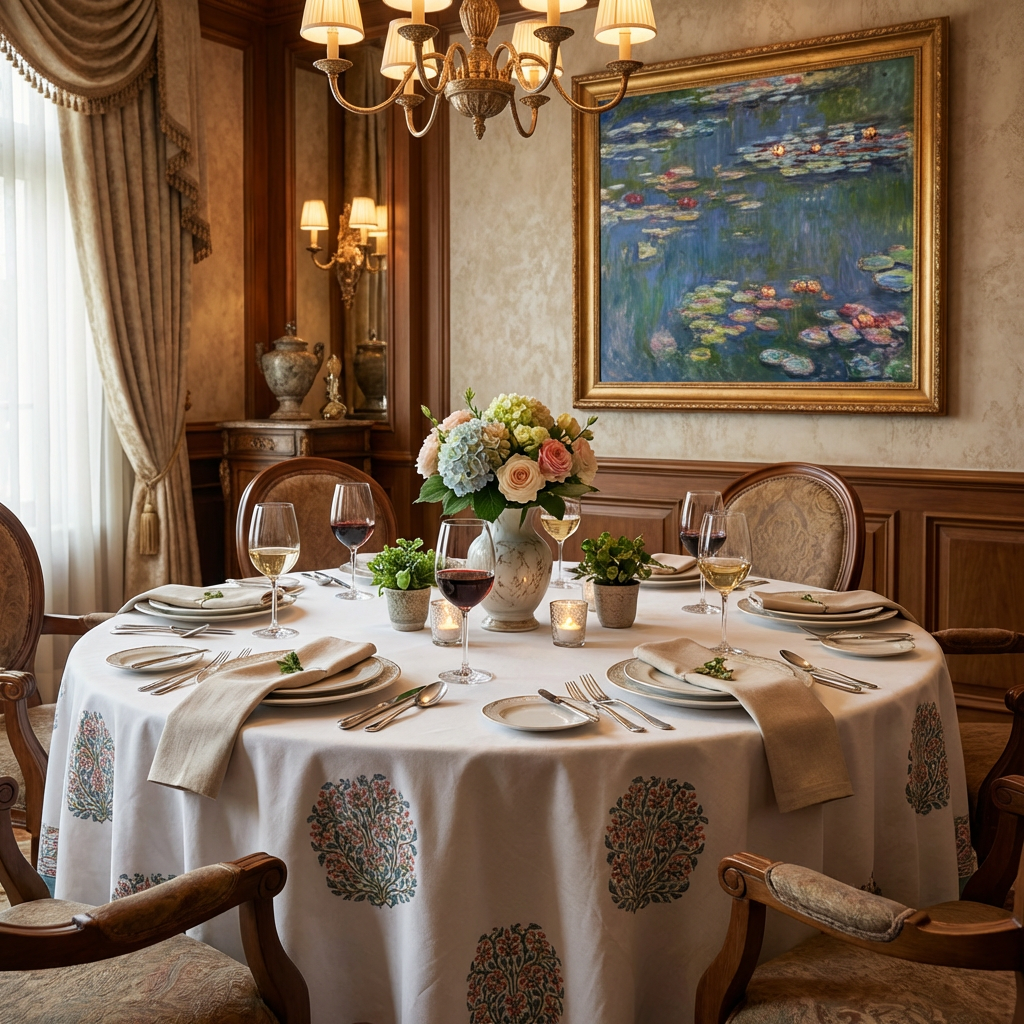 Hand Block Printed Cotton Round Tablecloth 220 cms Berry Pink Boota 106129