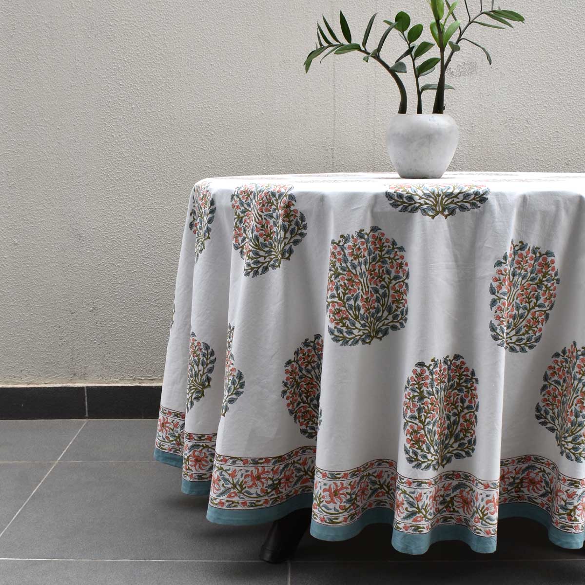 Hand Block Printed Cotton Round Tablecloth 220 cms Berry Pink Boota 106129
