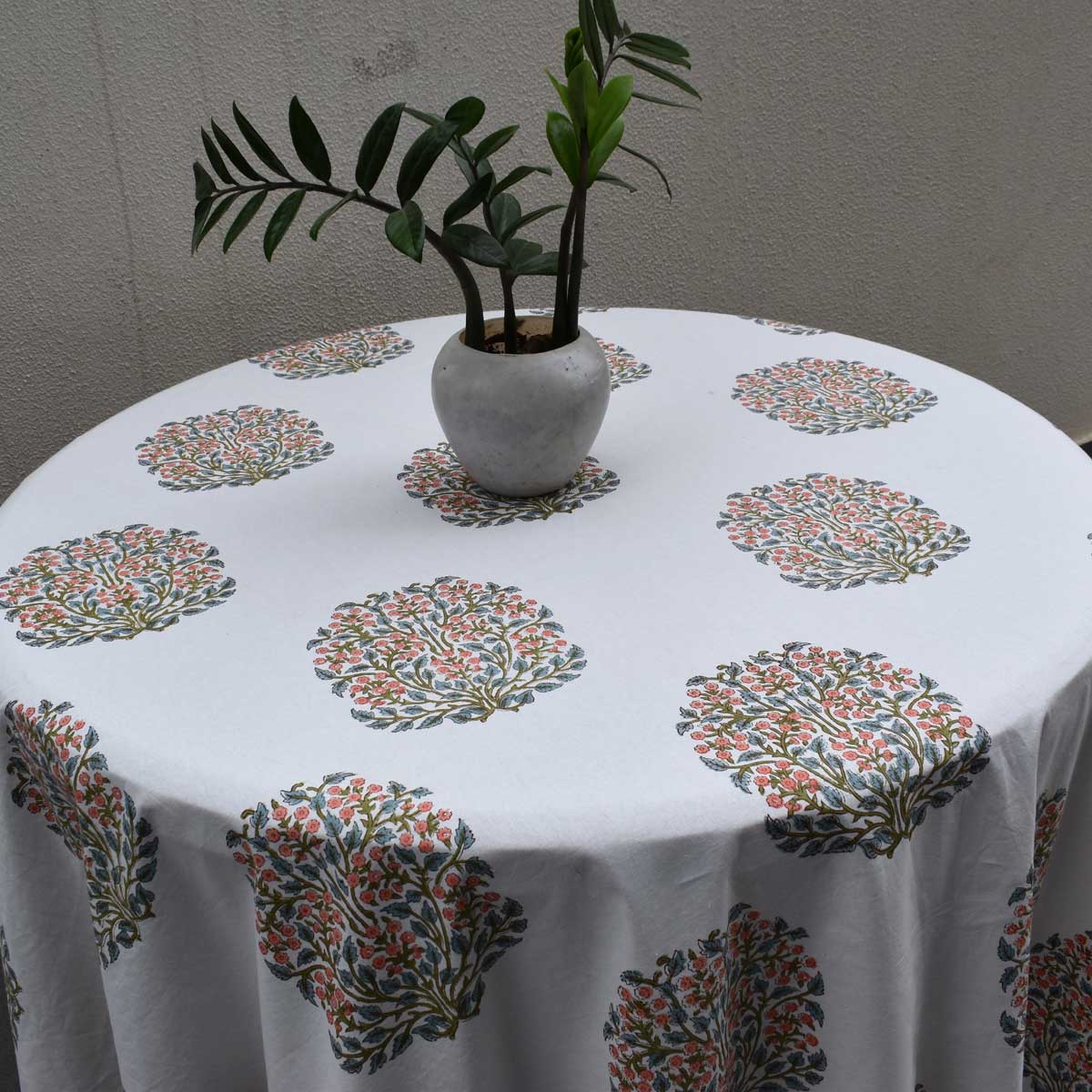 Hand Block Printed Cotton Round Tablecloth 220 cms Berry Pink Boota 106129