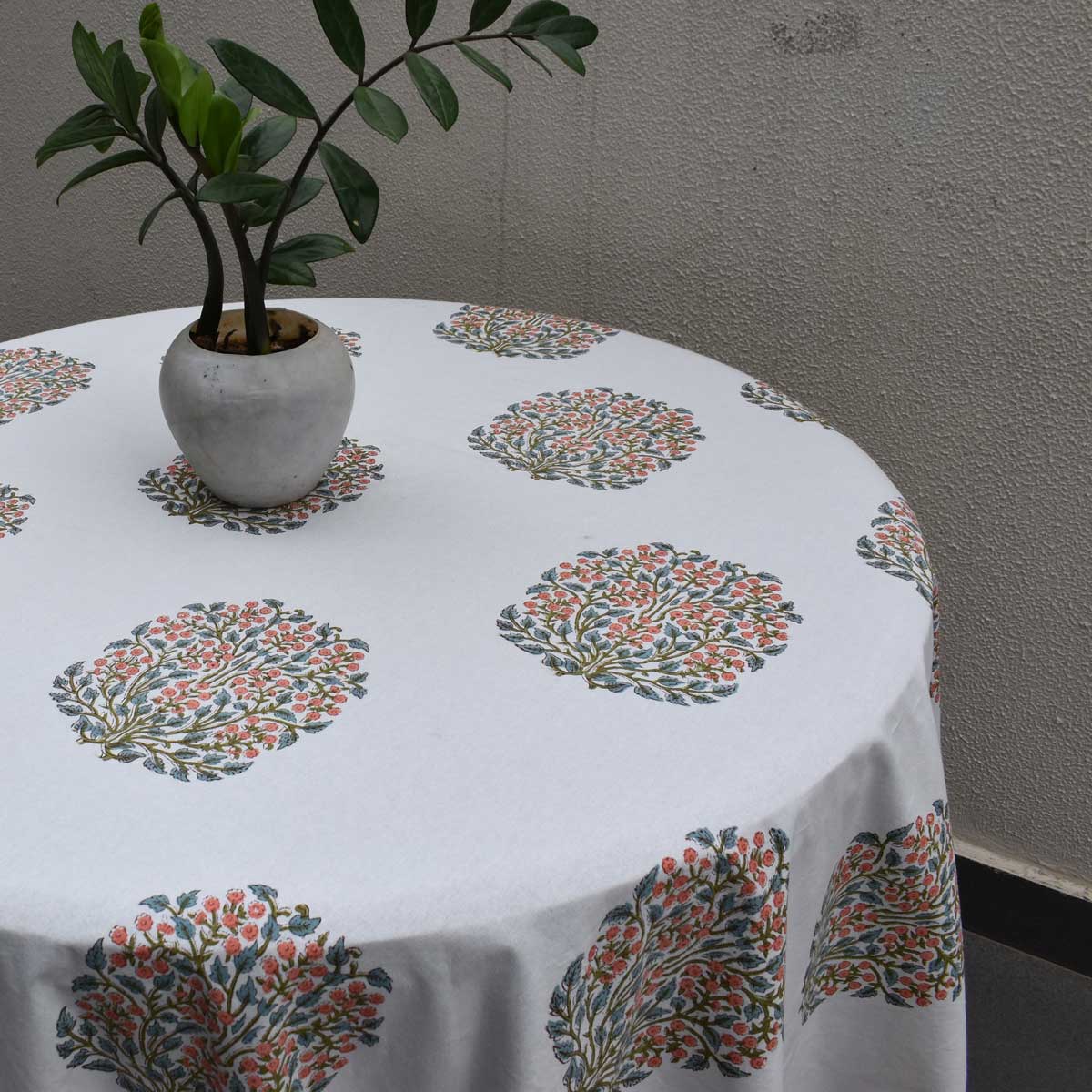 Hand Block Printed Cotton Round Tablecloth 220 cms Berry Pink Boota 106129
