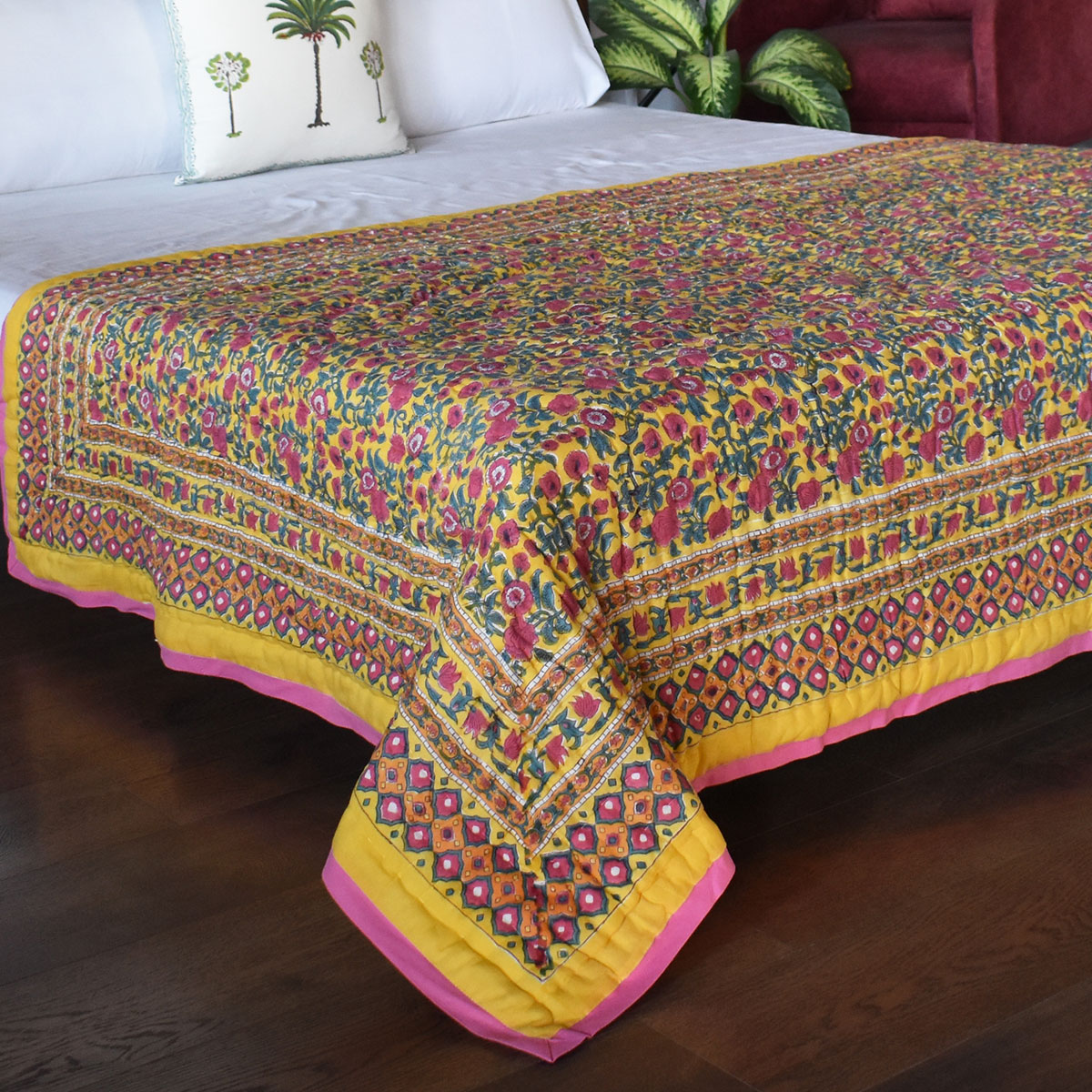 Indian Hand Block Printed Twin Size Quilt  Bhare Pile Phool 102376