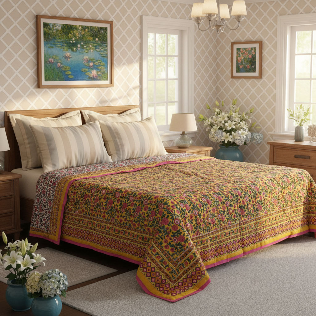 Indian Hand Block Printed Twin Size Quilt Bhare Pile Phool 102376