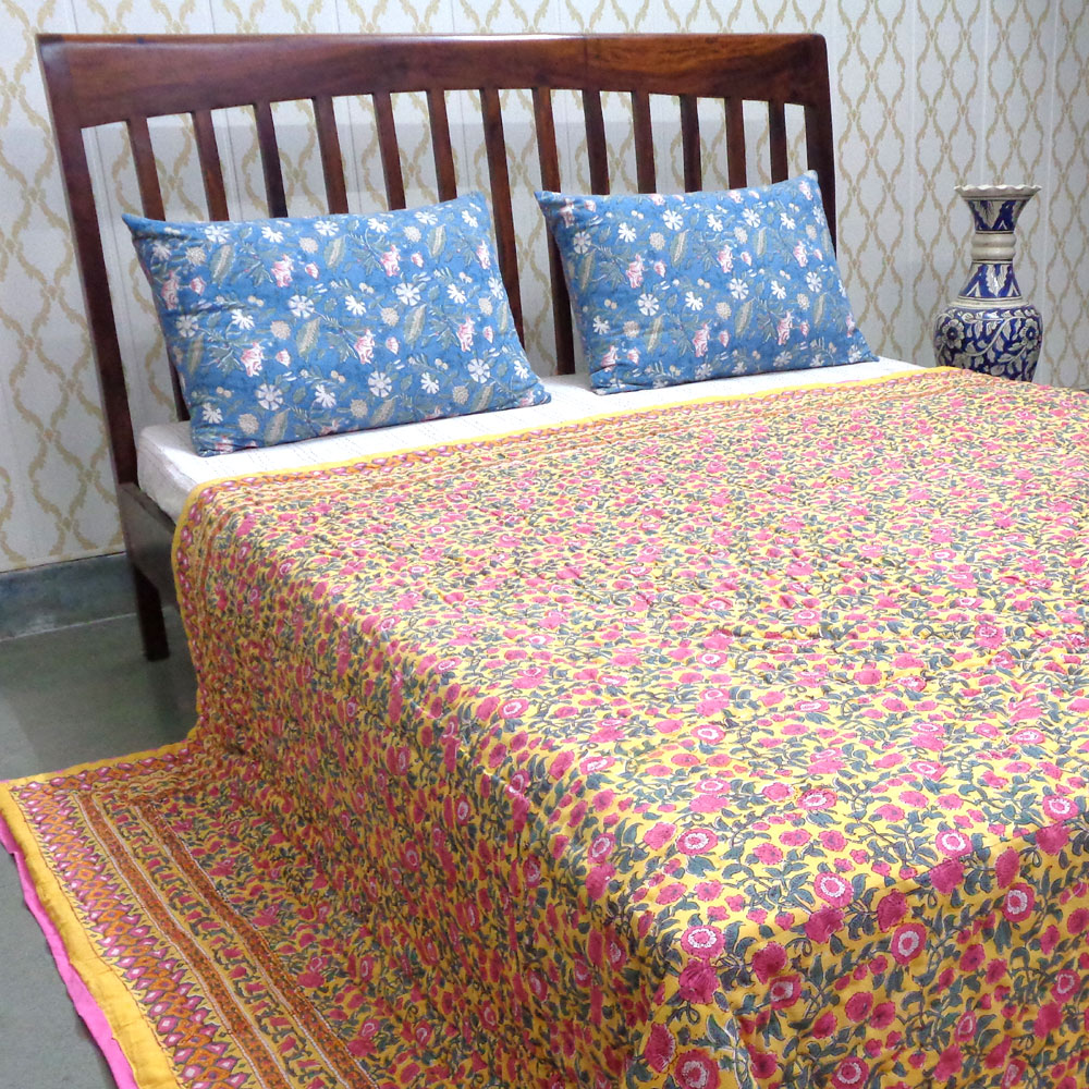 Hand Block Printed Cotton Quilt King Size  Bhare Pile Phool 102376