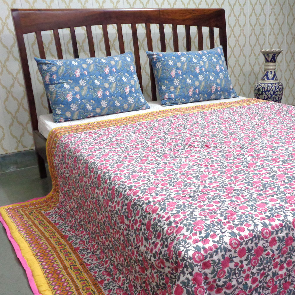 Hand Block Printed Cotton Quilt King Size Bhare Pile Phool 102376