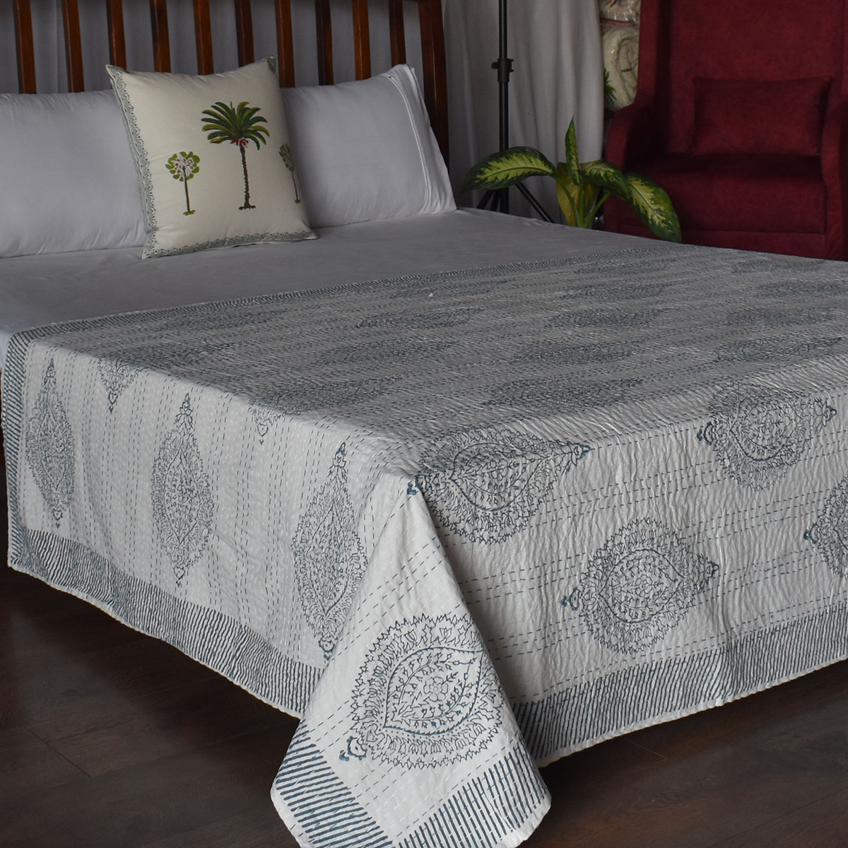 Hand Block Printed Cotton Twin Size Kantha Big Patti Blue 200990