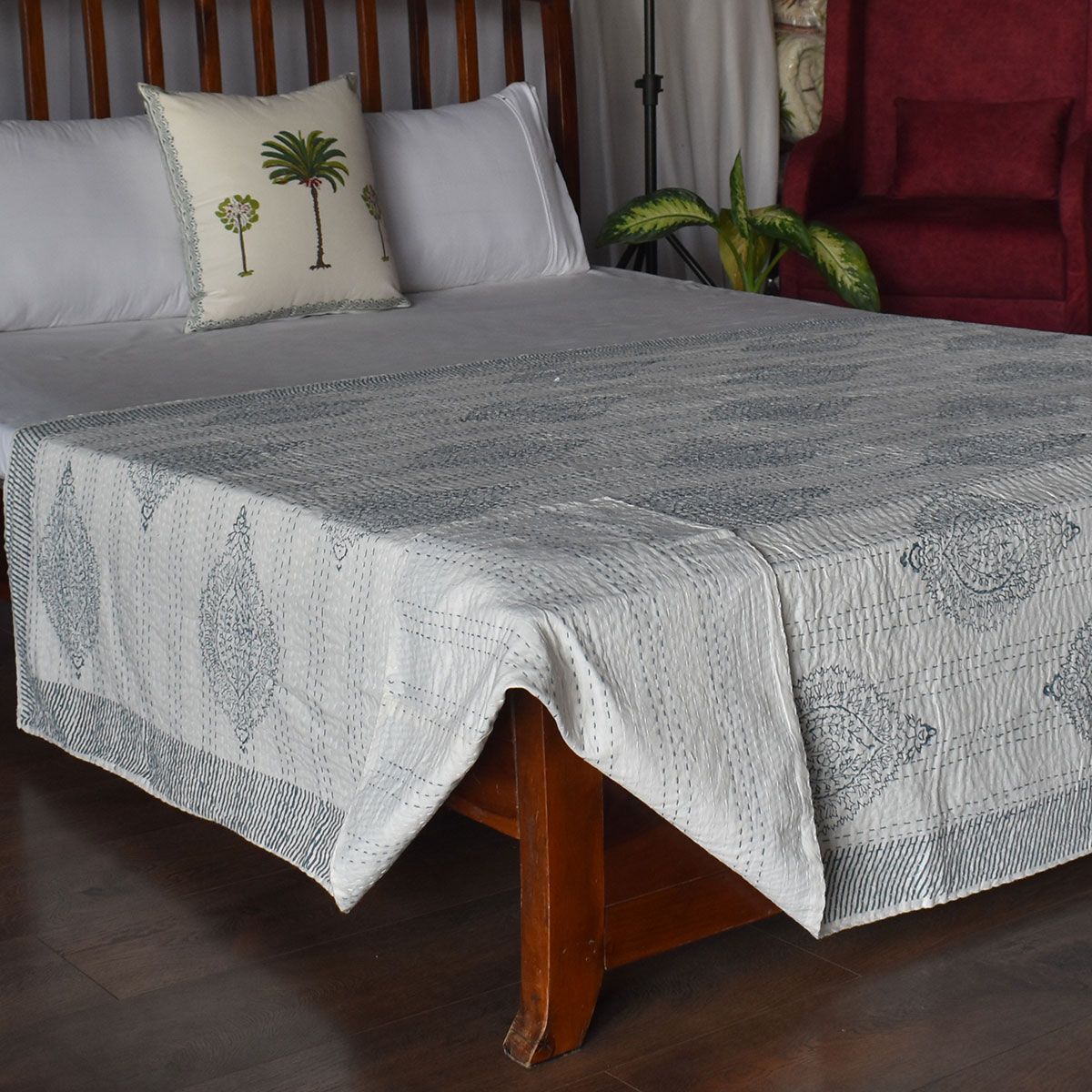 Hand Block Printed Cotton Twin Size Kantha Big Patti Blue 200990