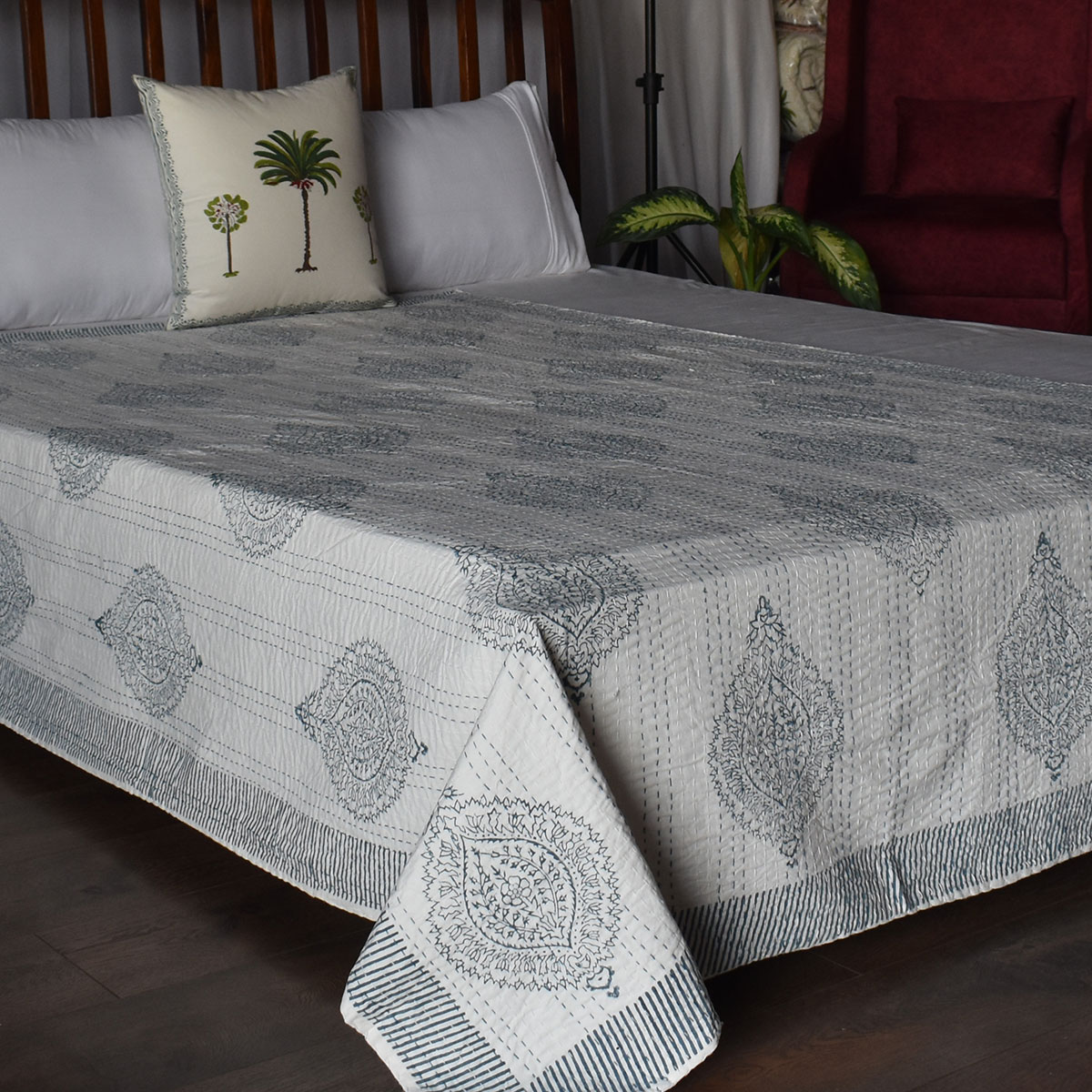 Hand Block Printed Cotton Twin Size Kantha Big Patti Blue 200990
