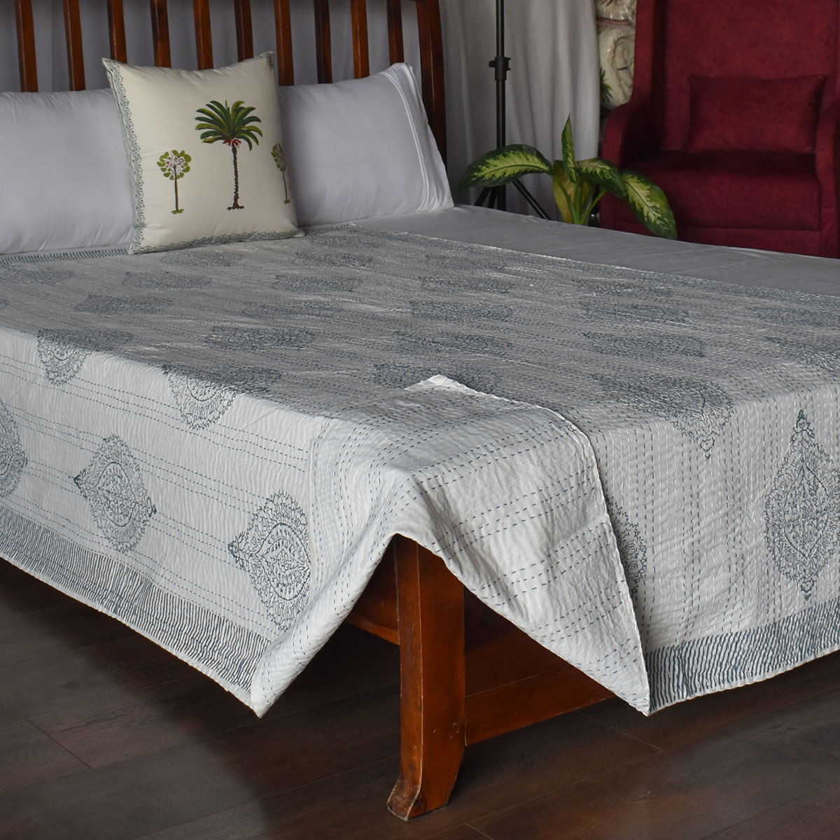 Hand Block Printed Cotton Twin Size Kantha Big Patti Blue 200990