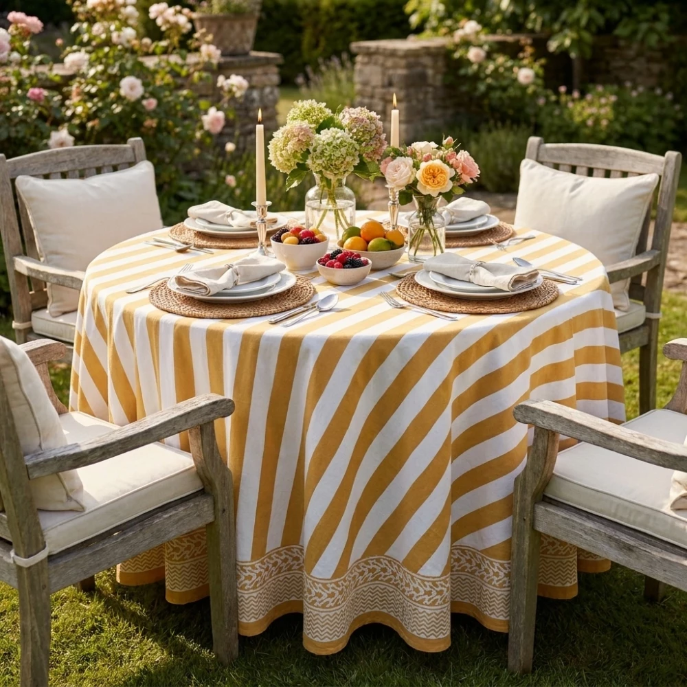 Image of Round 220 cms Cotton French Design Table Cover | Big Stripe Beige 271031