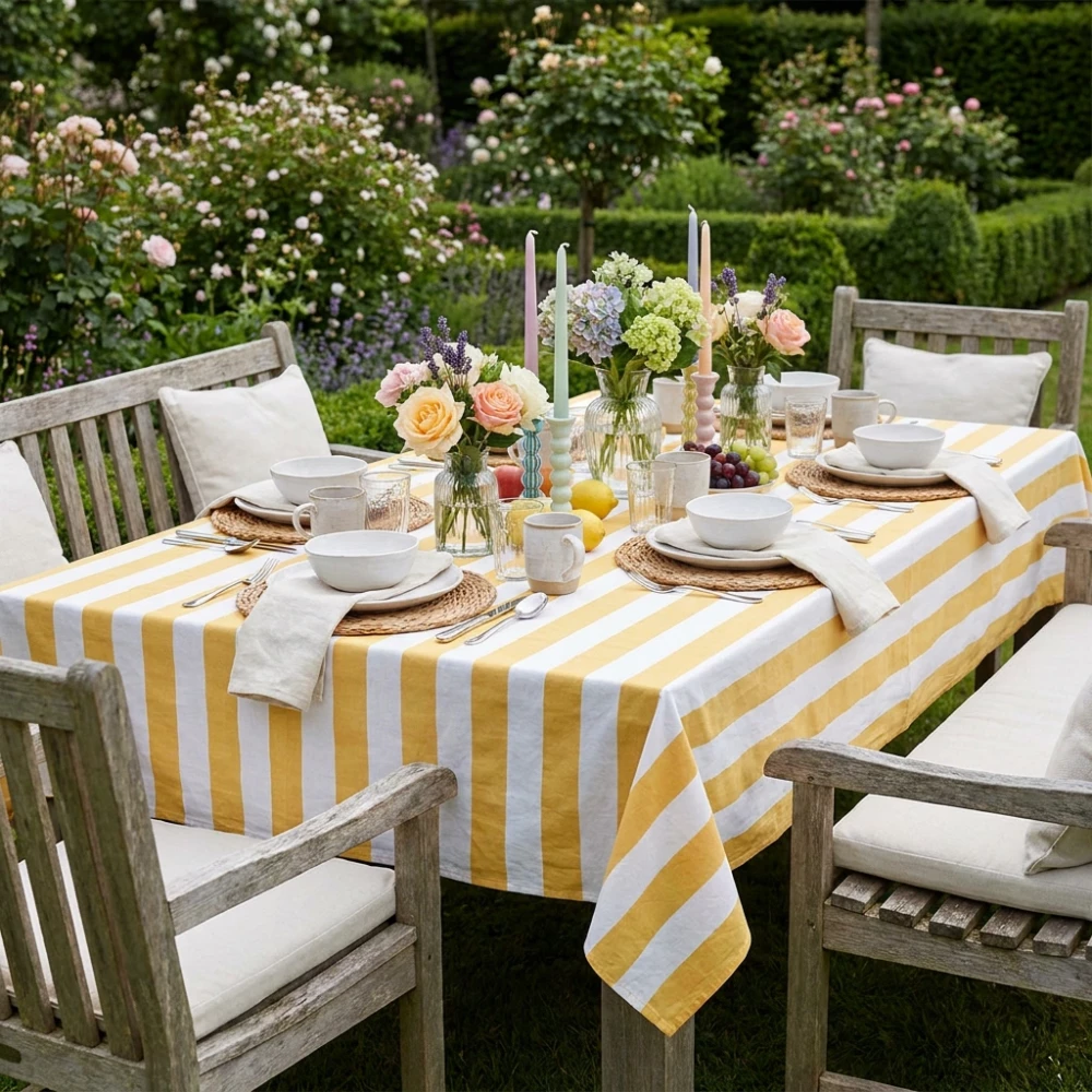 Image of Hand Block Printed Cotton Tablecloth 150x220 cms | Big Stripe Beige 271031