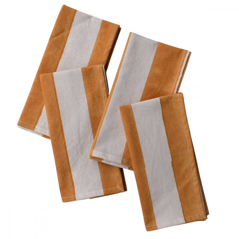 Image of Hand Block Printed Cotton Napkins Set of 4 – Big Stripe Beige 271031 | 45 x 45 cm