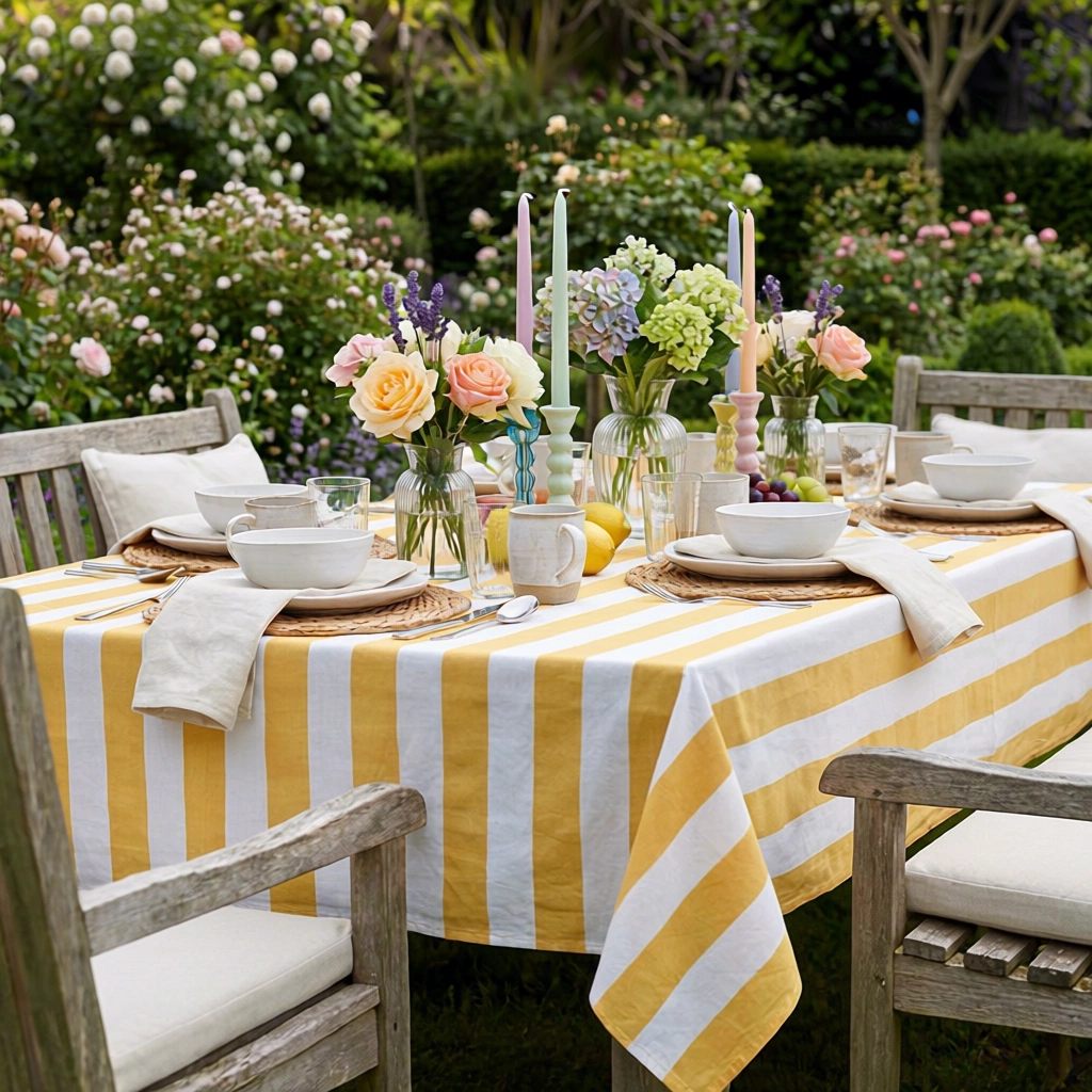 Hand Block Printed Cotton Tablecloth 150x220 cms  Big Stripe Beige 271031