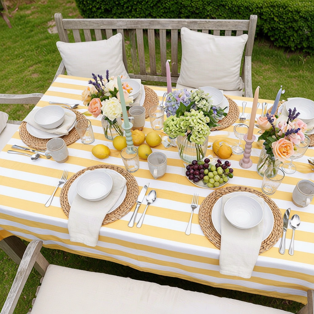 Hand Block Printed Cotton Tablecloth 150x220 cms  Big Stripe Beige 271031