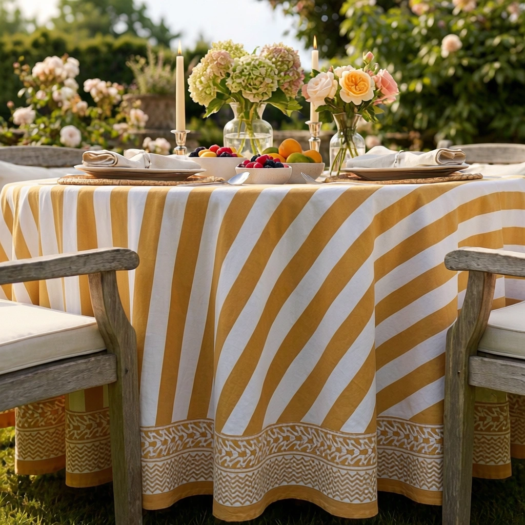 Round 220 cms Cotton French Design Table Cover  Big Stripe Beige 271031