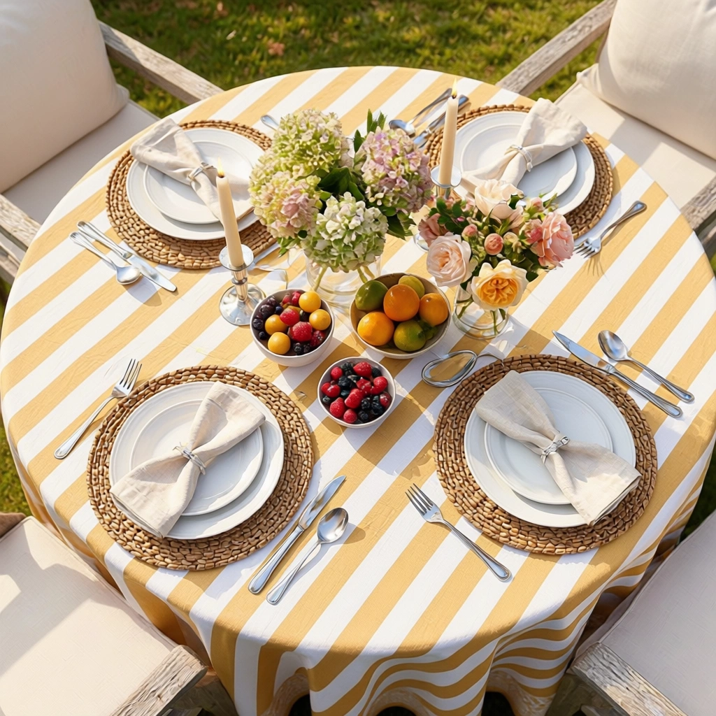 Round 220 cms Cotton French Design Table Cover  Big Stripe Beige 271031