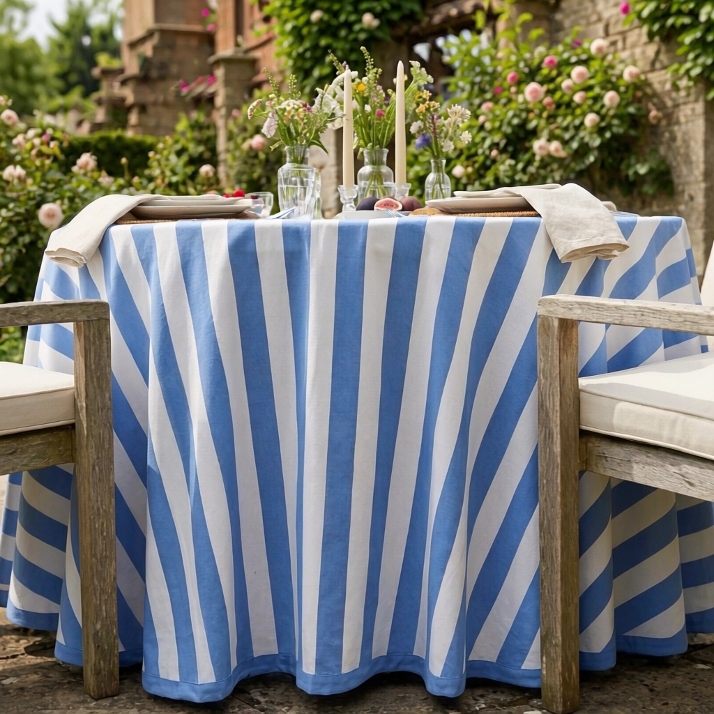 Round 220 cms Cotton French Design Table Cover Big Stripe Blue 271028