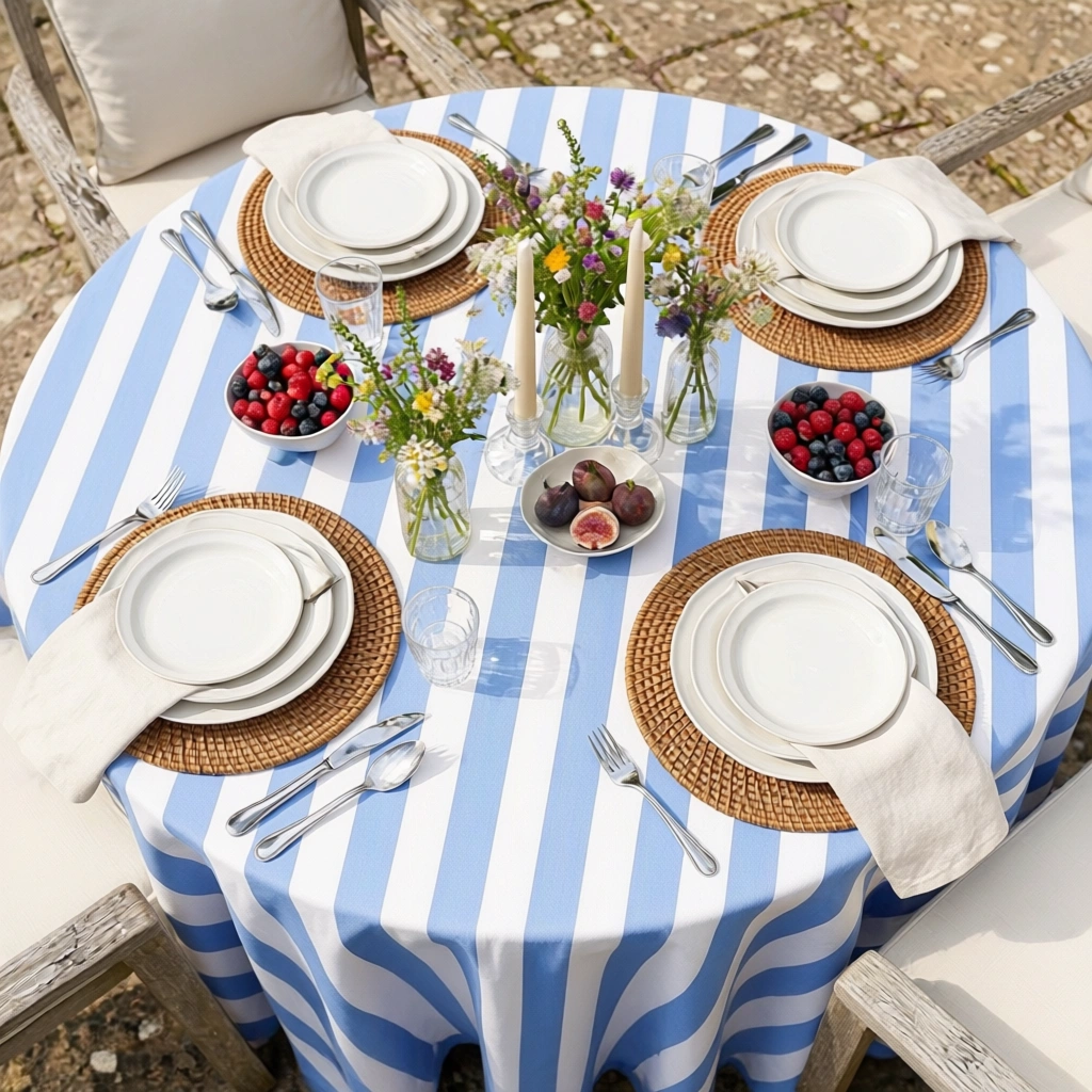 Round 220 cms Cotton French Design Table Cover Big Stripe Blue 271028