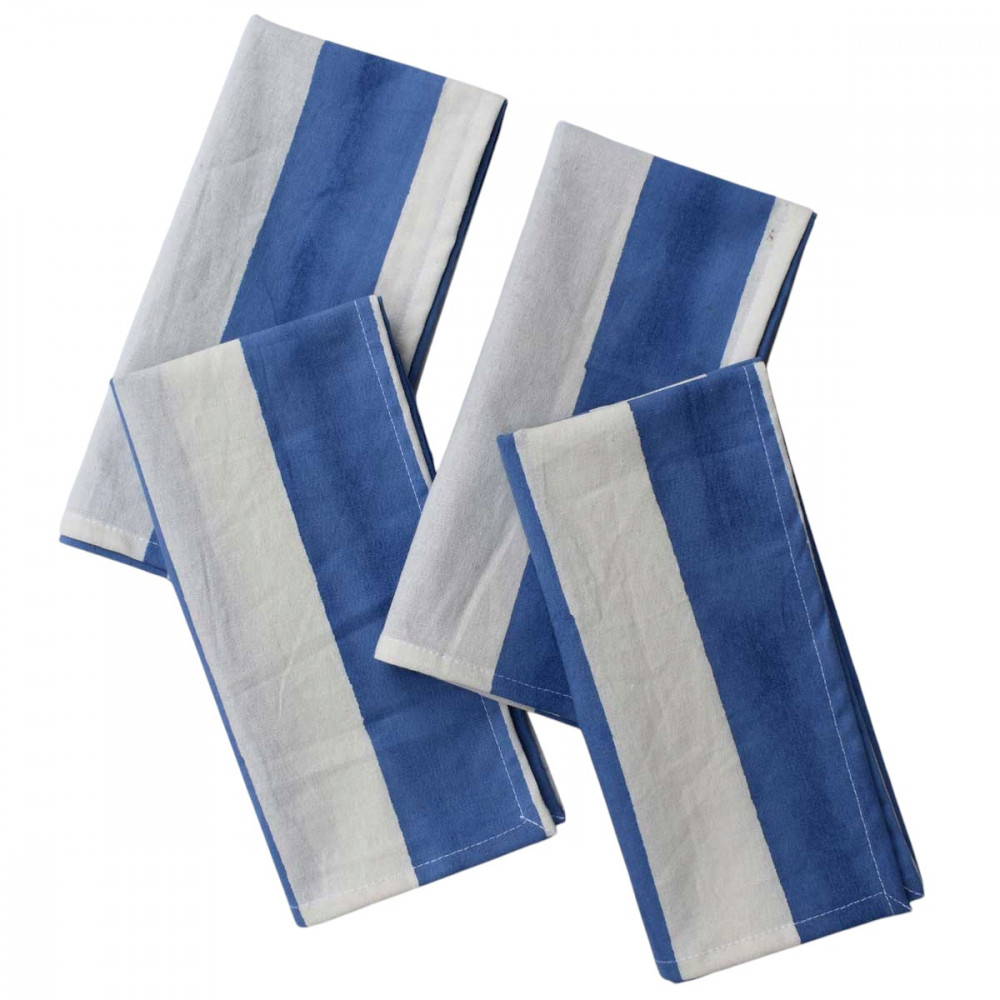 Image of Hand Block Printed Cotton Napkins Set of 4 – Big Stripe Blue 271028 | 45 x 45 cm
