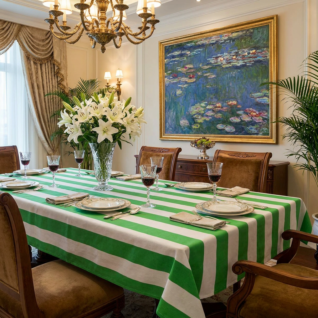 Hand Block Printed Cotton Tablecloth 150x220 cms Big Stripe Green 205492