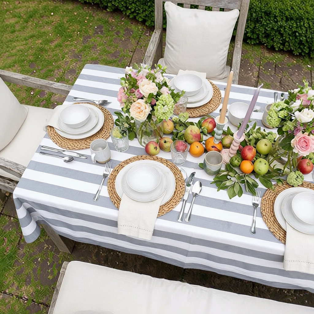 Hand Block Printed Cotton Tablecloth 150x220 cms Big Stripe Grey 271029