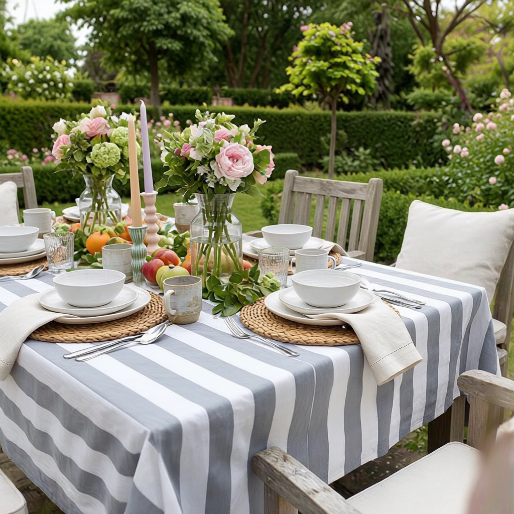 Hand Block Printed Cotton Tablecloth 150x220 cms  Big Stripe Grey 271029
