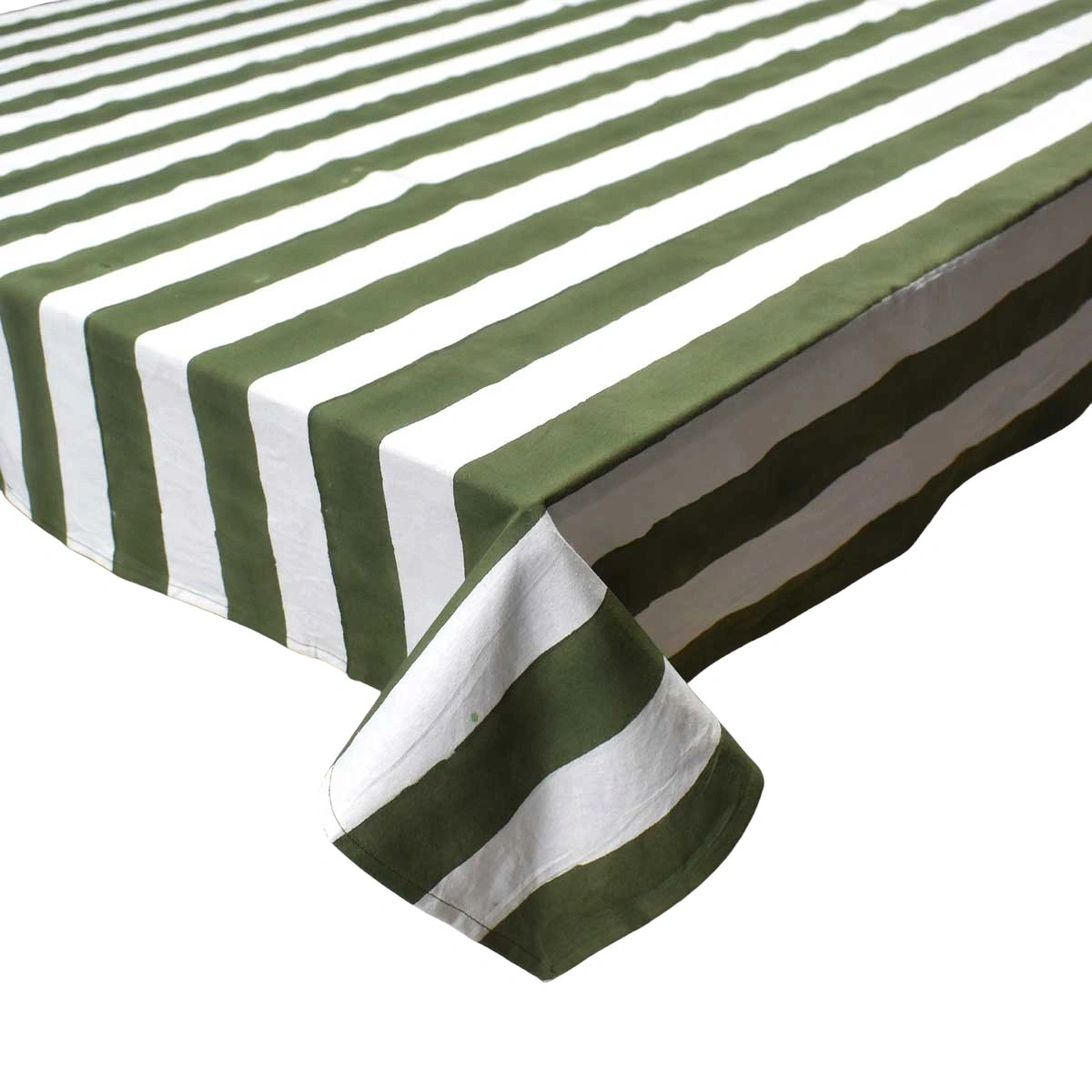 Hand Block Printed Cotton Tablecloth 150x220 cms  Big Stripe Olive Green 271027