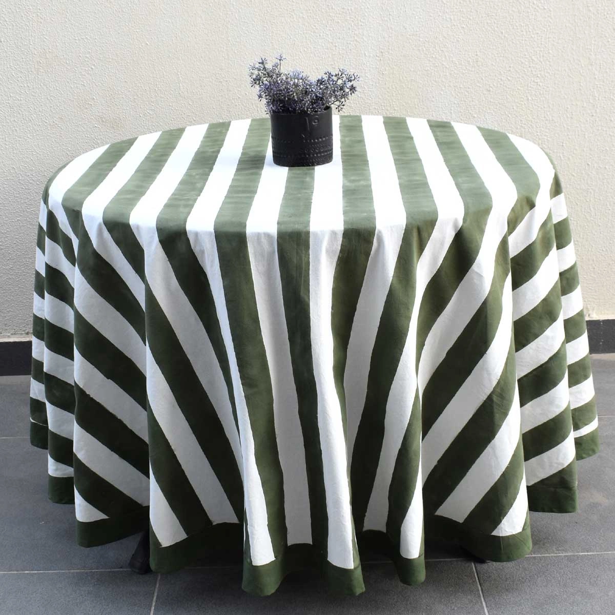 Round 220 cms Cotton French Design Table Cover Big Stripe Olive Green 271027