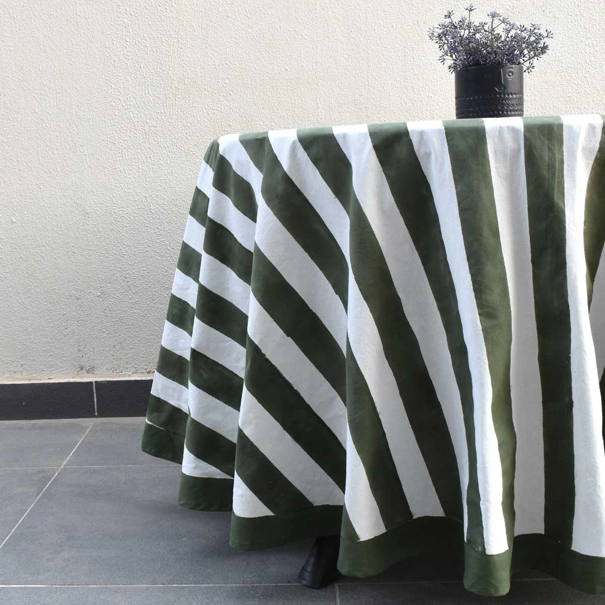 Round 220 cms Cotton French Design Table Cover Big Stripe Olive Green 271027