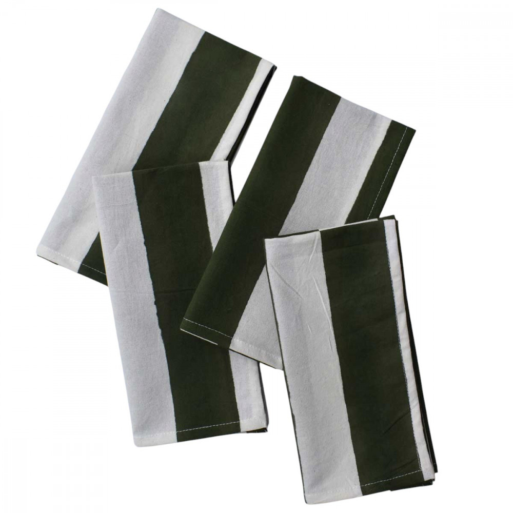Image of Big Stripe Olive Green 271027 Block Print Cotton Napkins, Set of 4 (45 x 45 cm)