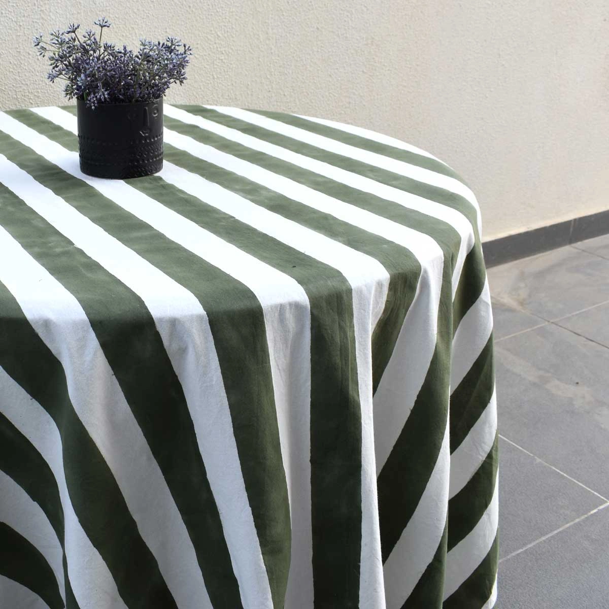 Round 220 cms Cotton French Design Table Cover  Big Stripe Olive Green 271027