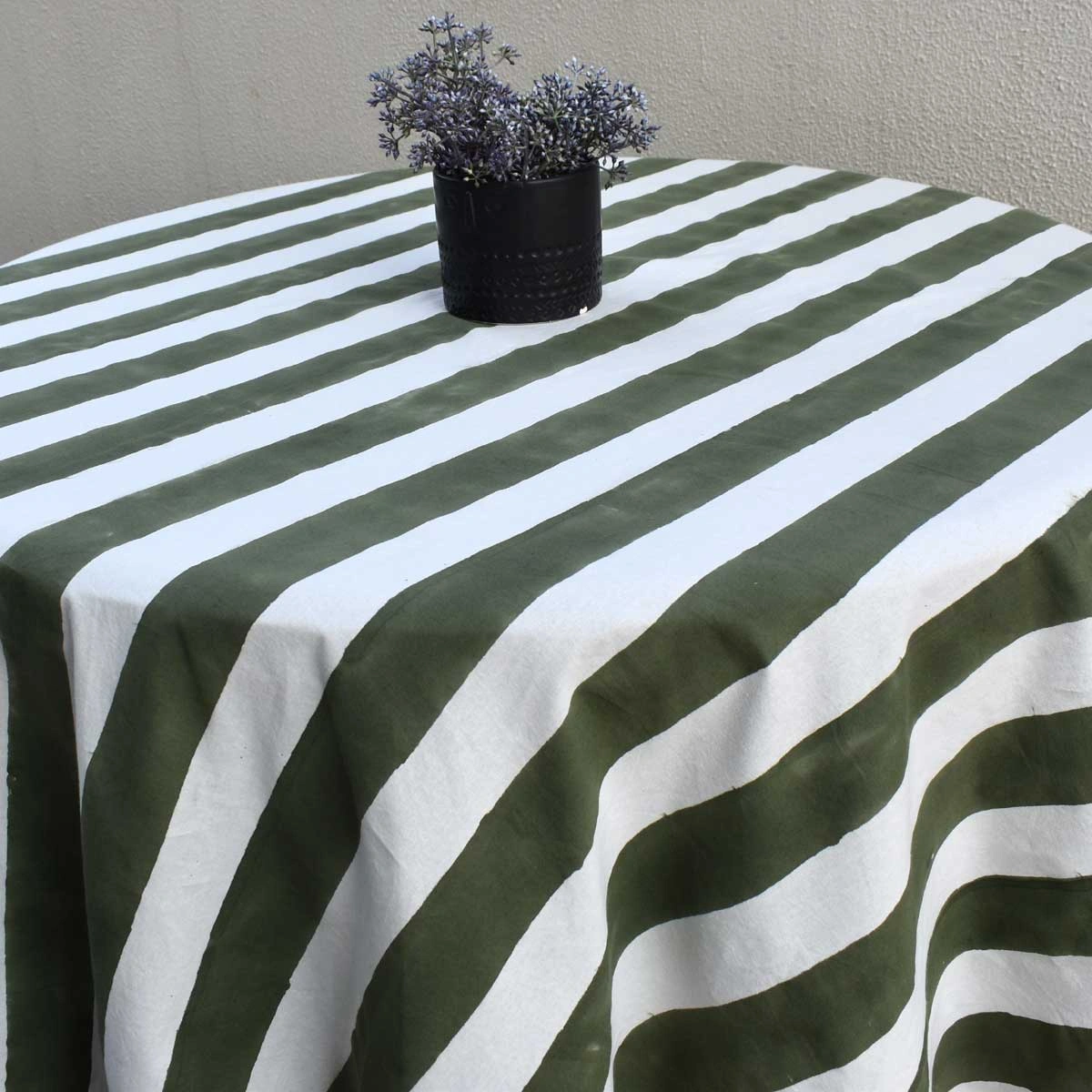Round 220 cms Cotton French Design Table Cover Big Stripe Olive Green 271027