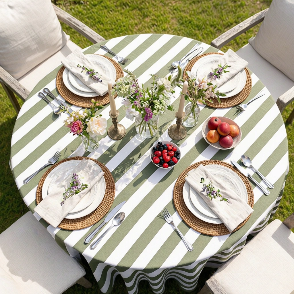 Round 220 cms Cotton French Design Table Cover Big Stripe Olive Green 271027