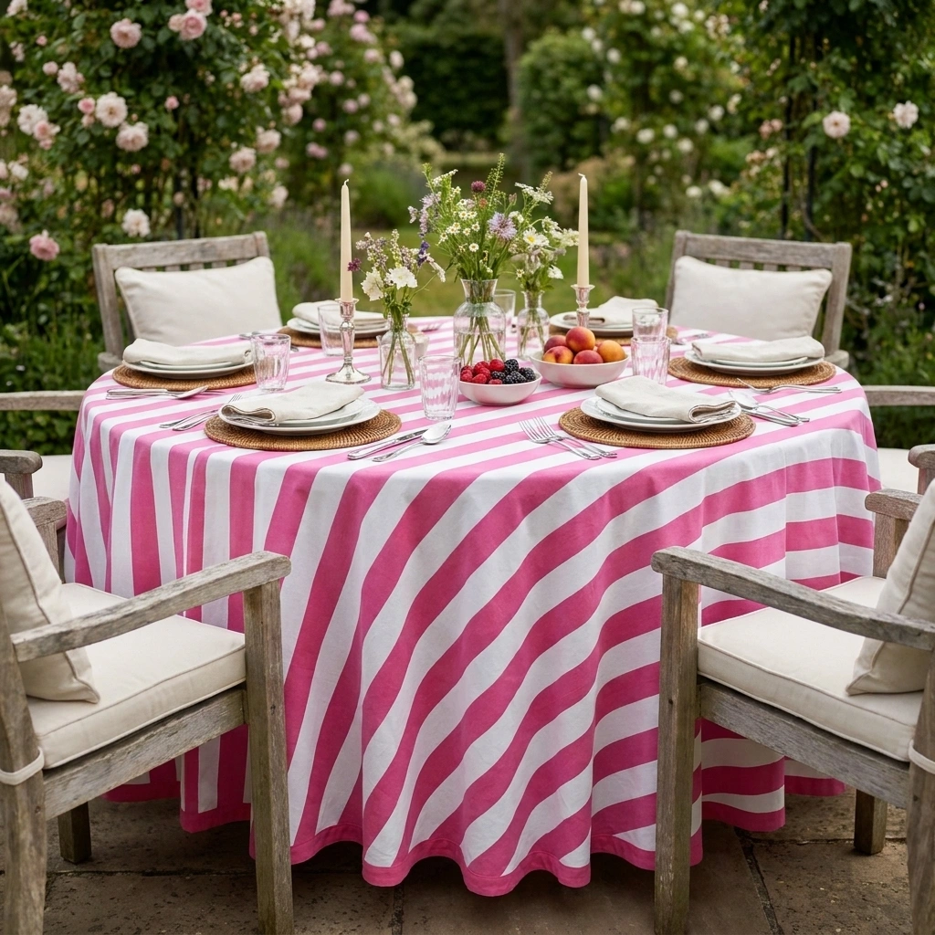 Round 220 cms Cotton French Design Table Cover  Big Stripe Pink 271032
