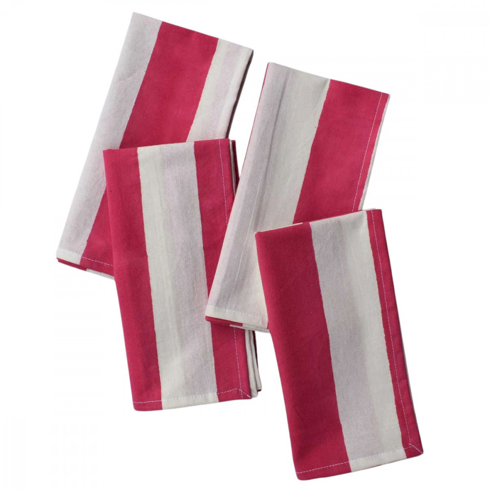 Image of Big Stripe Pink 271032 Hand Block Printed Absorbent Cloth Napkins – Set of 4