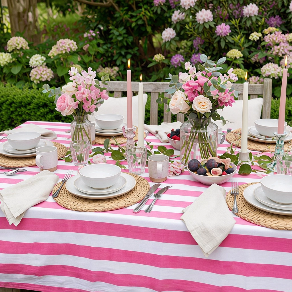 Hand Block Printed Cotton Tablecloth 150x220 cms Big Stripe Pink 271032