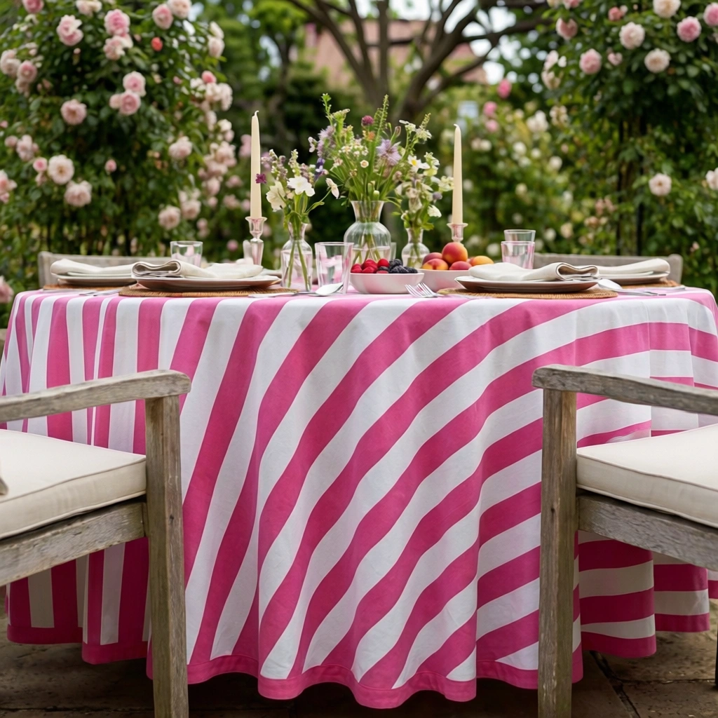 Round 220 cms Cotton French Design Table Cover Big Stripe Pink 271032