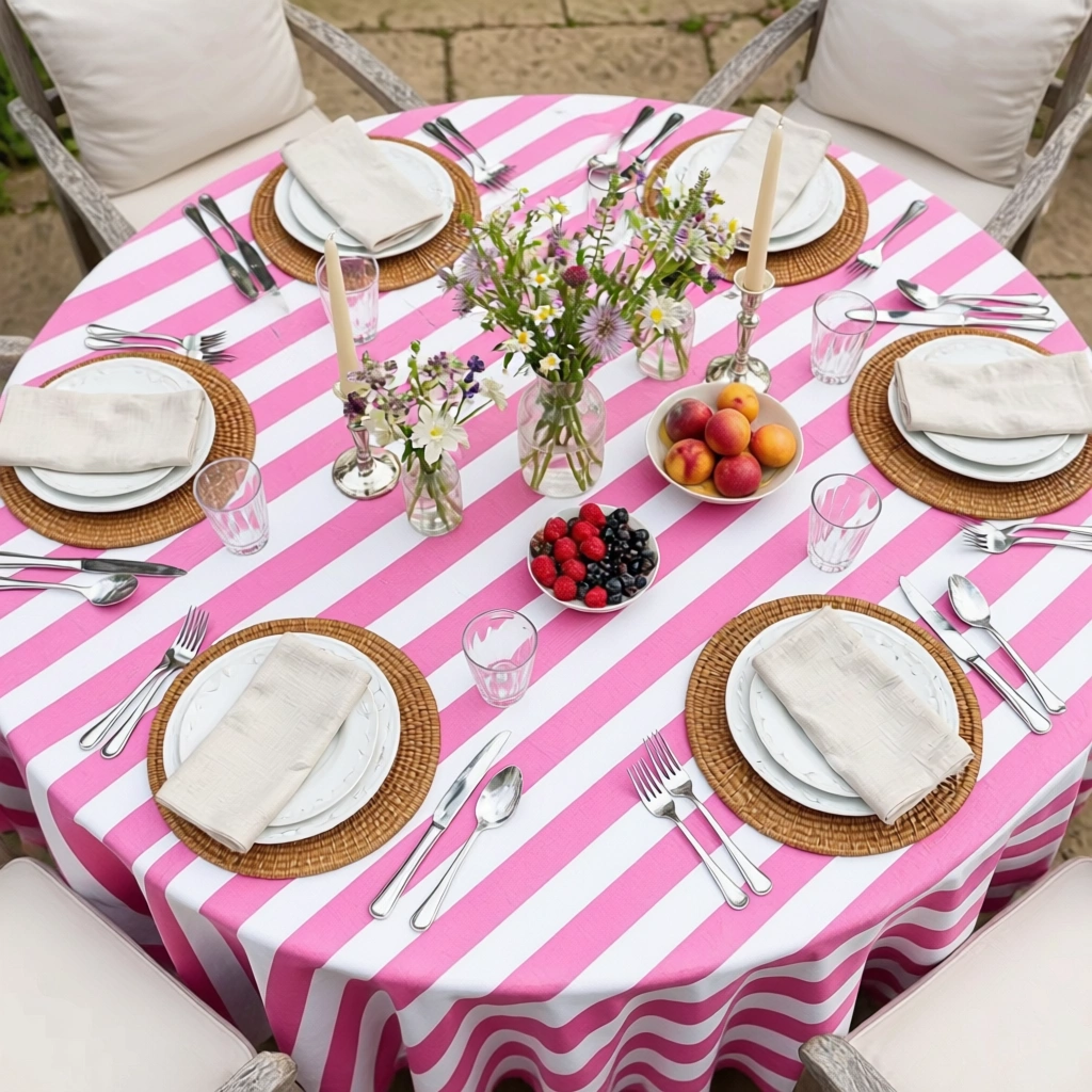 Round 220 cms Cotton French Design Table Cover Big Stripe Pink 271032