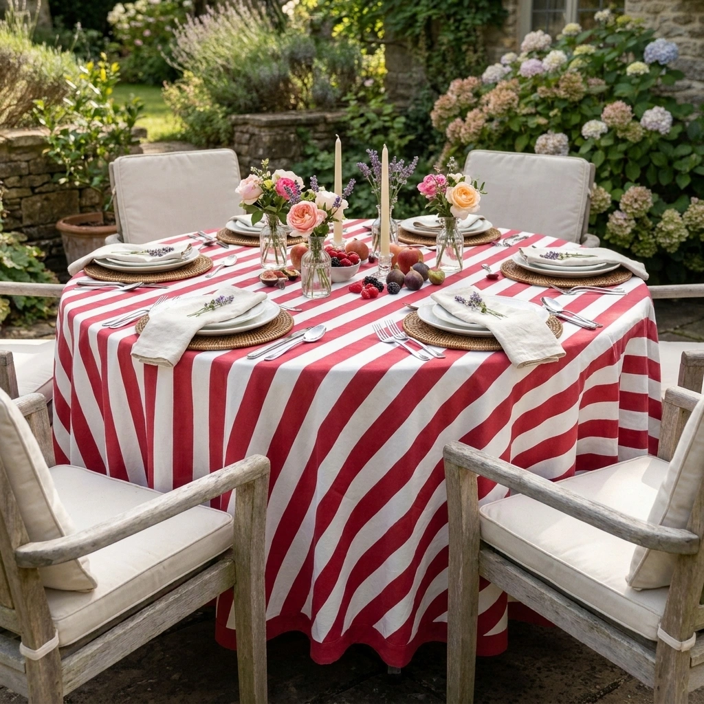 Round 220 cms Cotton French Design Table Cover  Big Stripe Red 271030