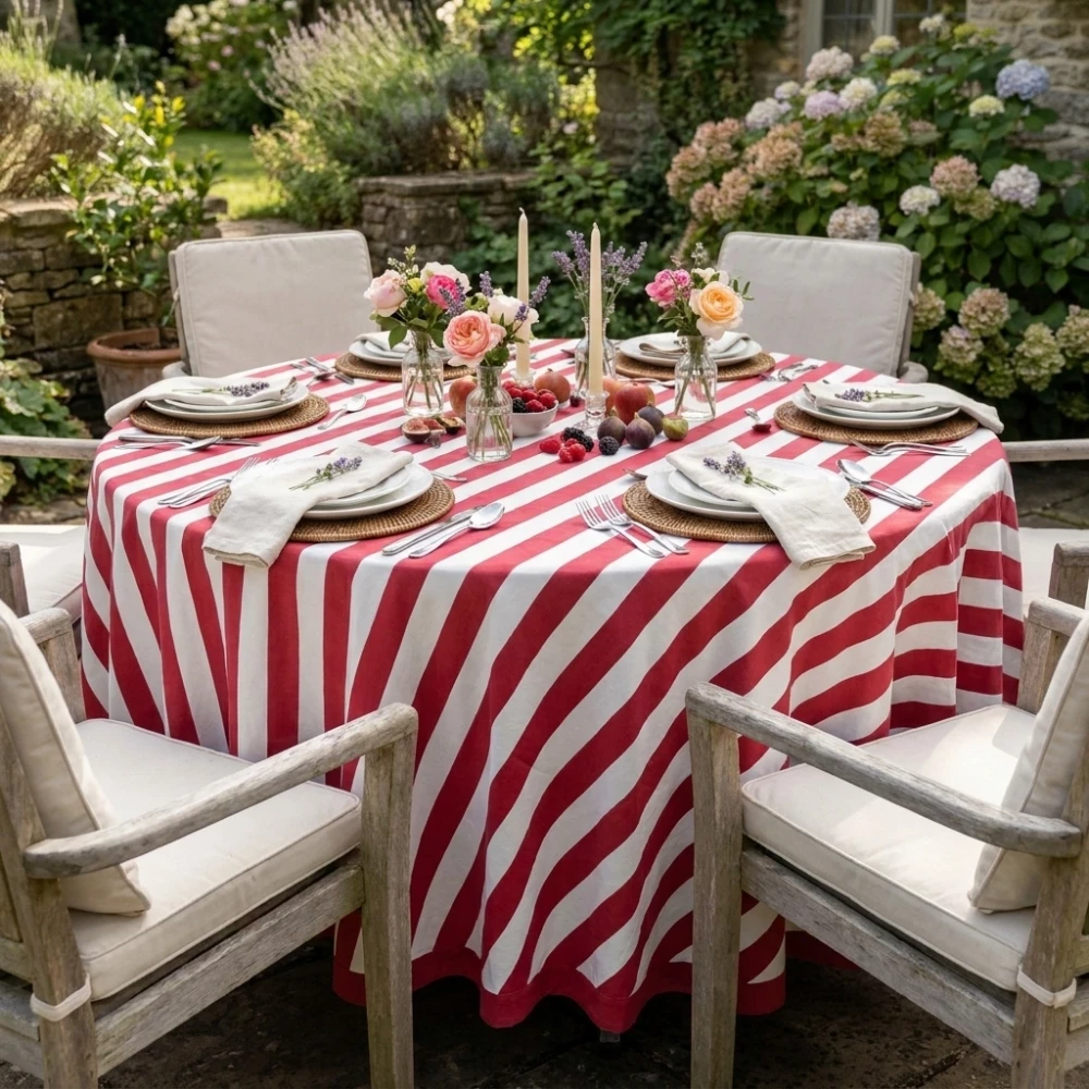 Image of Round 220 cms Cotton French Design Table Cover | Big Stripe Red 271030