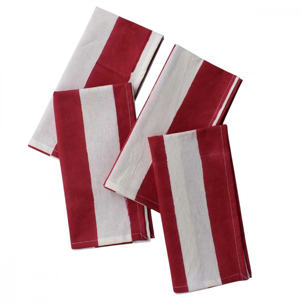 Image of Big Stripe Red 271030 Sustainable Hand Block Printed Cotton Napkins, Set of 4