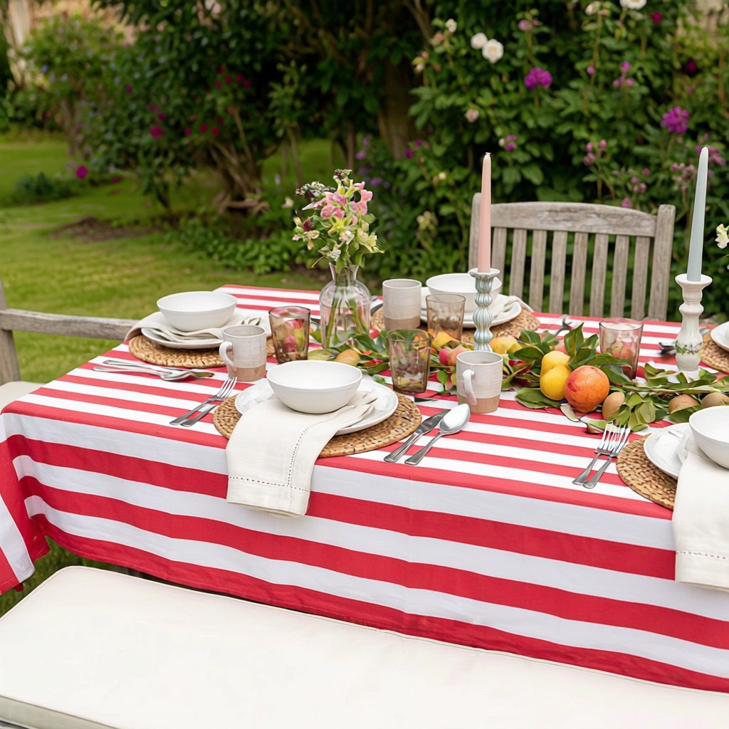 Hand Block Printed Cotton Tablecloth 150x220 cms  Big Stripe Red 271030