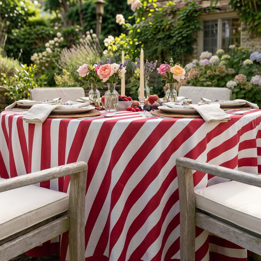 Round 220 cms Cotton French Design Table Cover  Big Stripe Red 271030