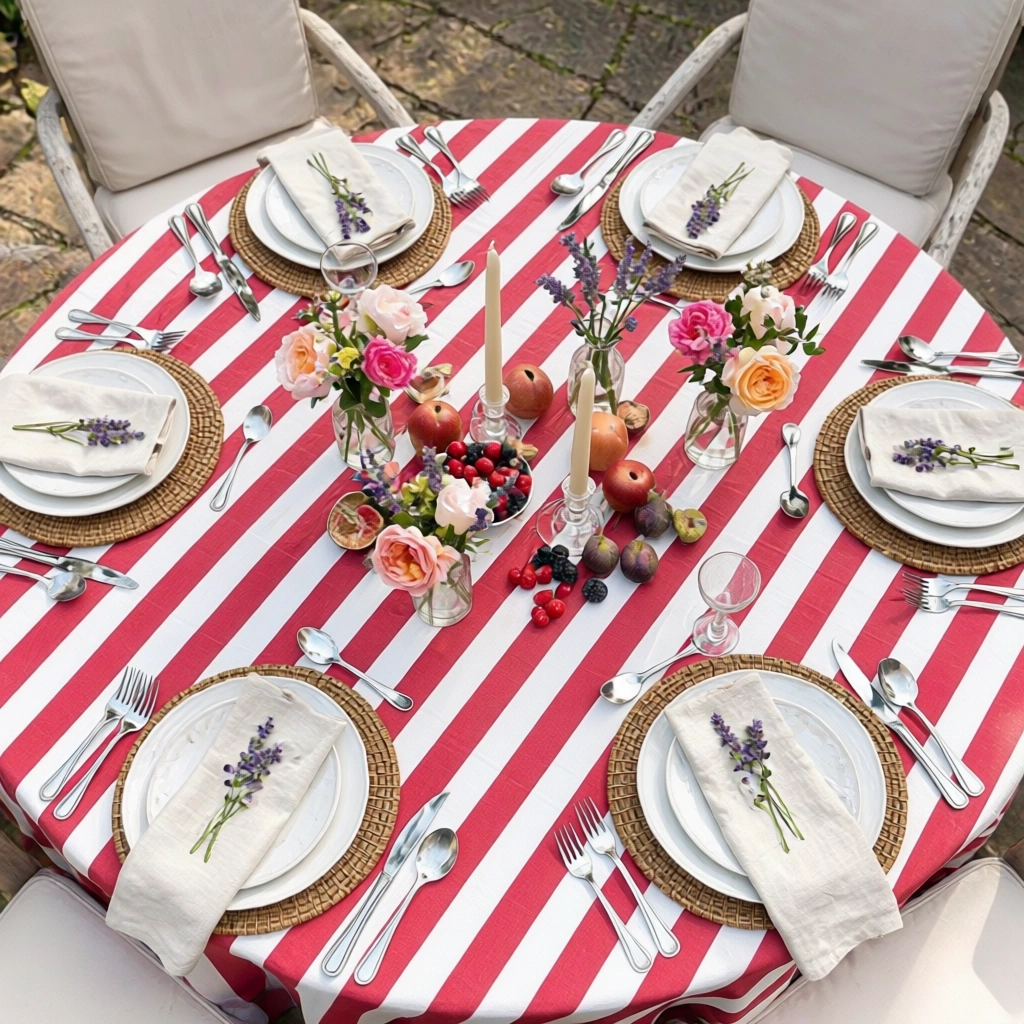 Round 220 cms Cotton French Design Table Cover  Big Stripe Red 271030