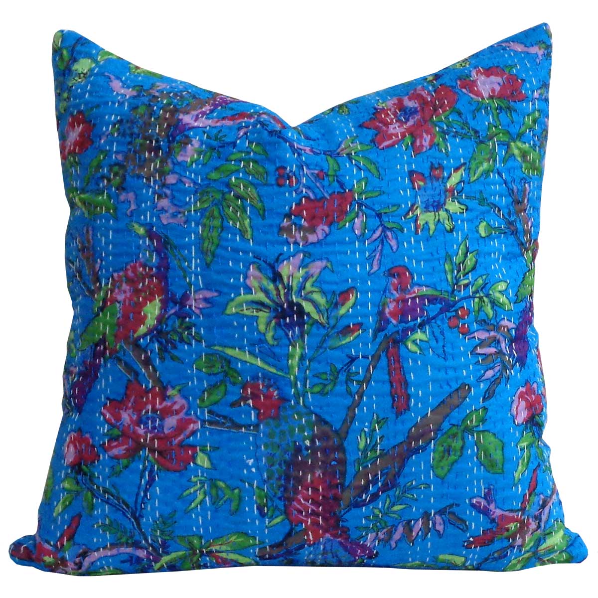 Tropical Design Hand Embroidered Kantha Cushion Bird Aqua 105532