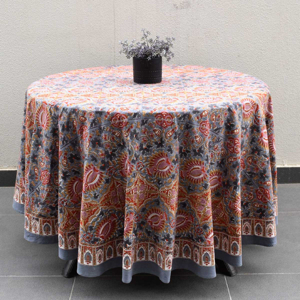 Image of Hand Block Printed Cotton Round Tablecloth 220 cms | Bird Of Paradise Gud 204347