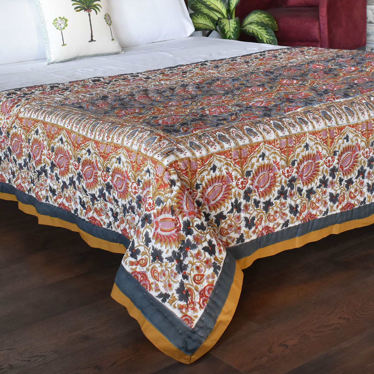 Hand Block Printed Cotton Twin Size Quilt Bird Of Paradise Gud 204347