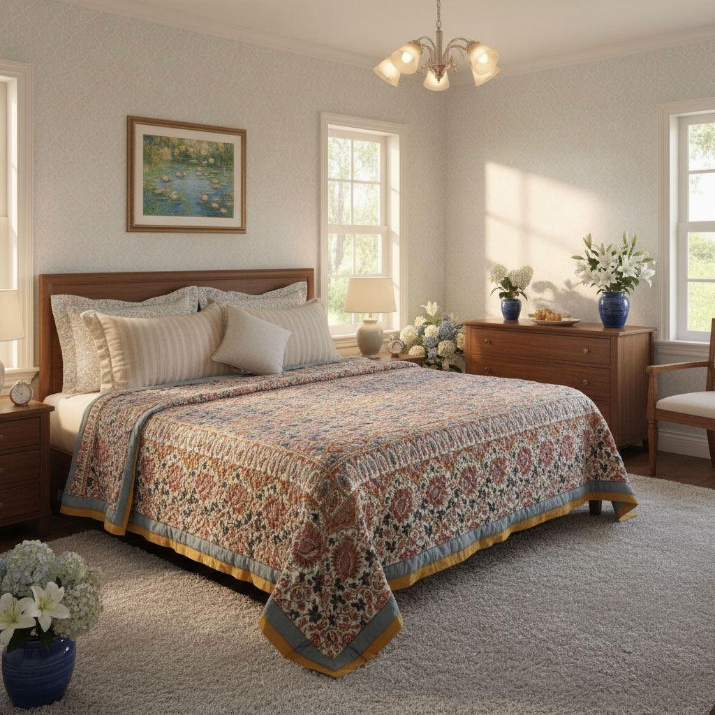 Hand Block Printed Cotton Twin Size Quilt Bird Of Paradise Gud 204347